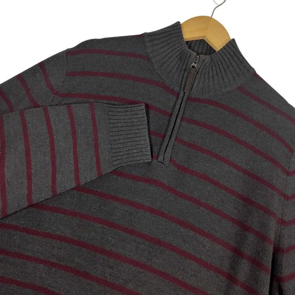 Prince & Fox Mens XL Quarter Zip Sweater Gray Burgundy Striped Cotton Blend Knit